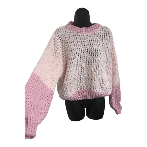 Shades of pink crochet waffle knit chunky cuffed sleeve sweater size large new - Picture 9 of 13
